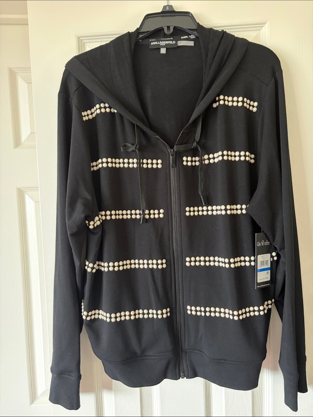 NWT Karl Lagerfeld Black Lightweight Hoodie with Pearl and Gold Accents